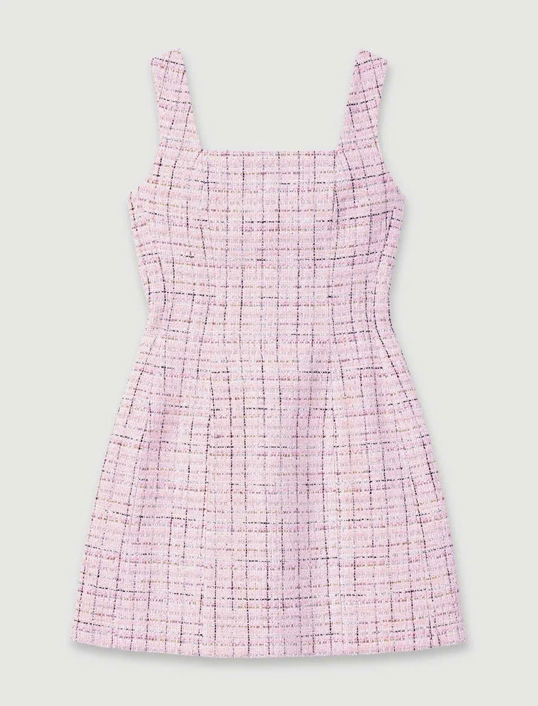 Đầm ngắn tweed kẻ cổ vuông