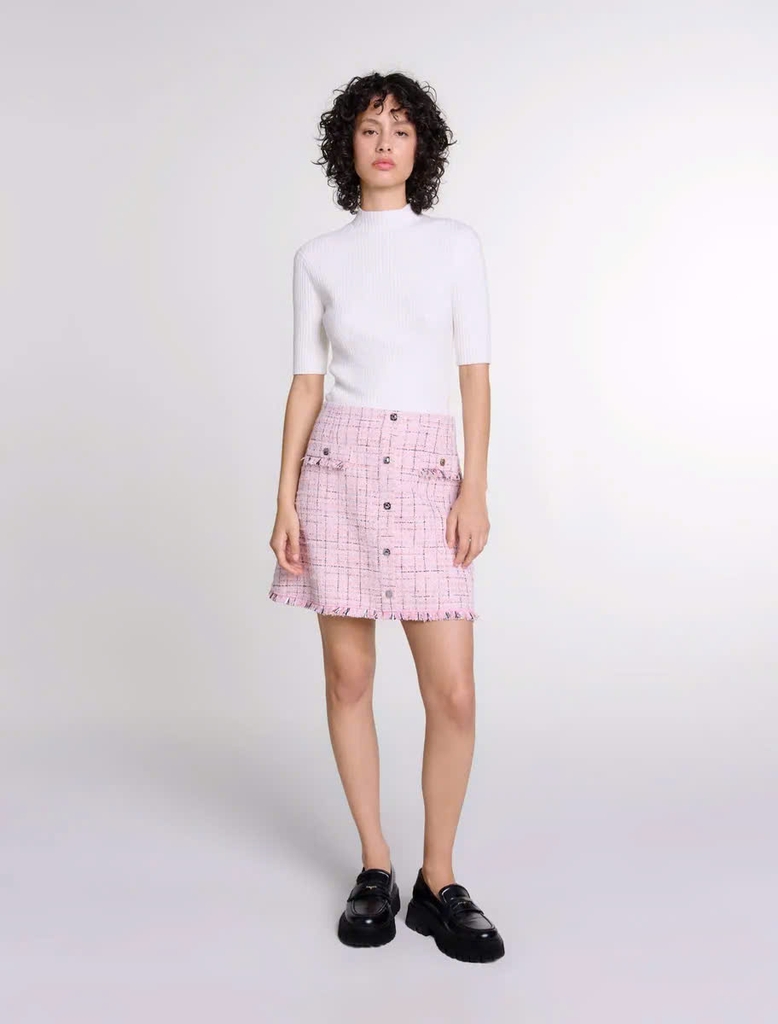 Chân váy ngắn tweed phối sợi nhũ viền tua rua