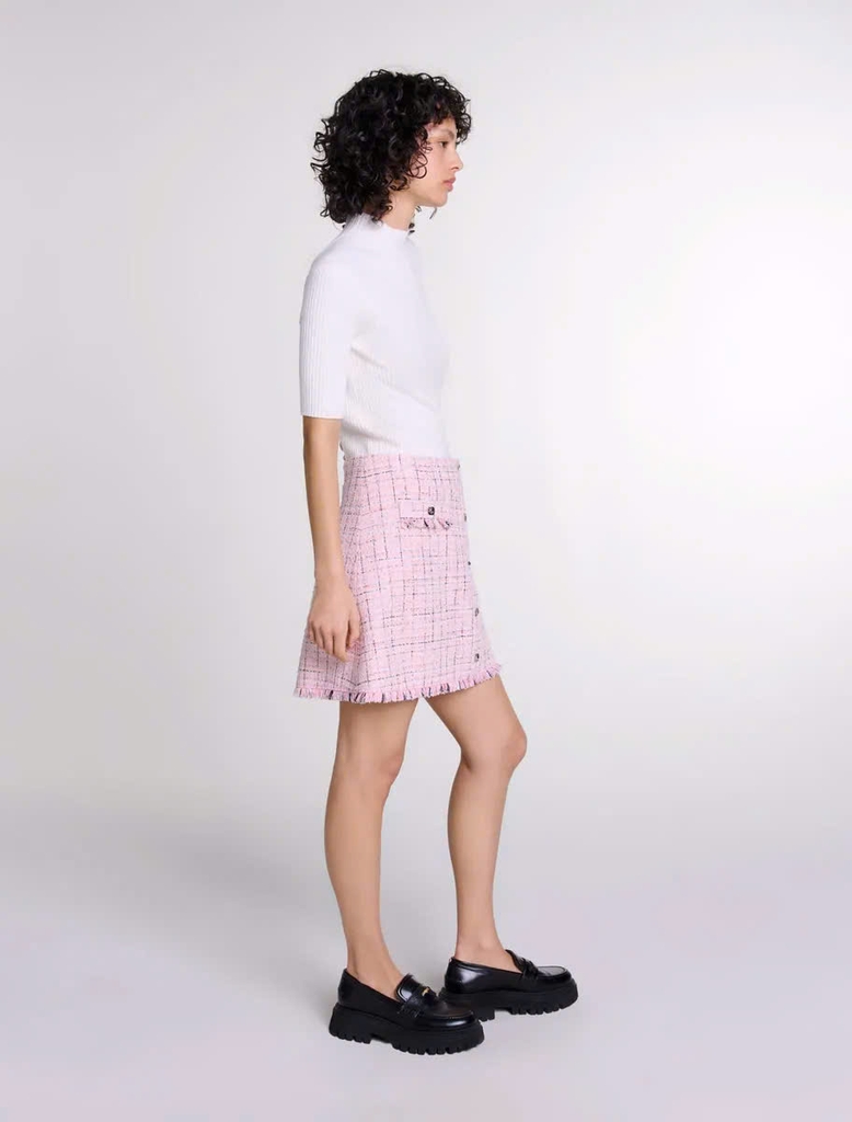 Chân váy ngắn tweed phối sợi nhũ viền tua rua