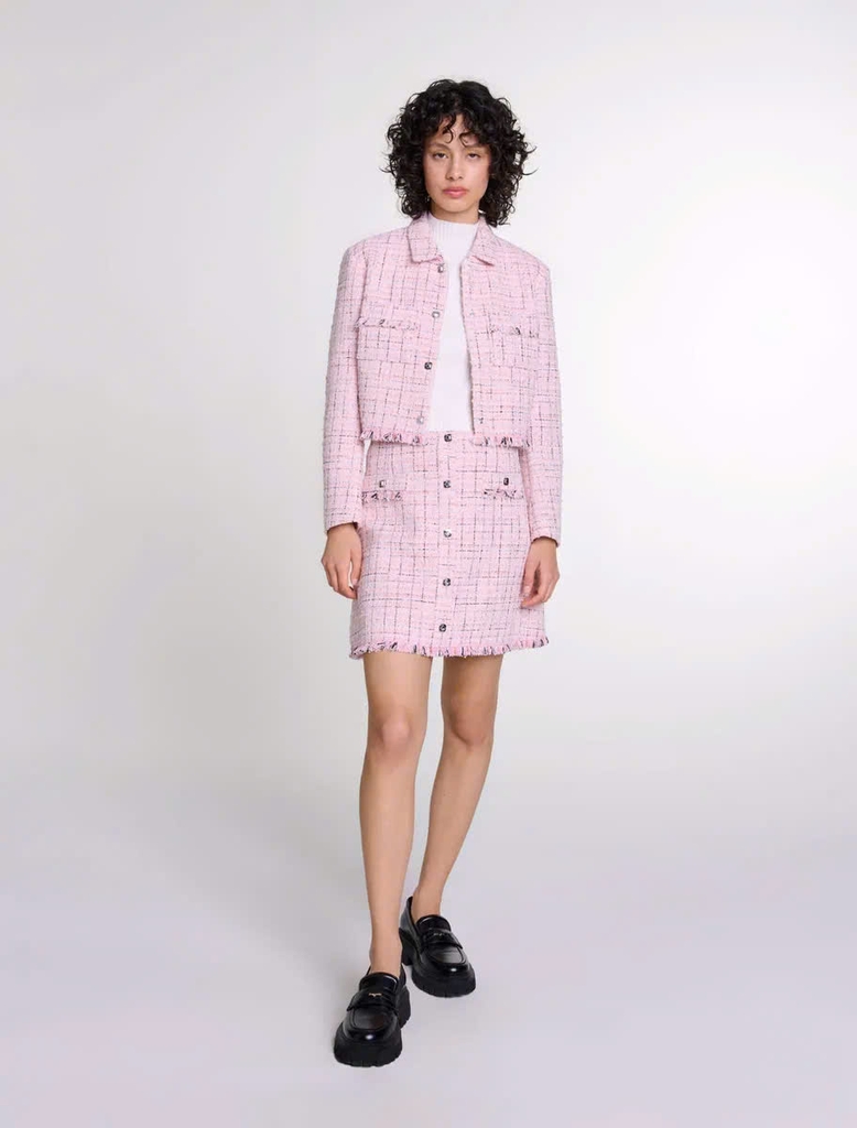 Chân váy ngắn tweed phối sợi nhũ viền tua rua