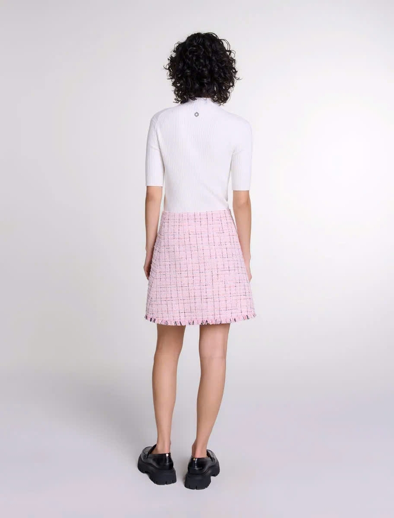 Chân váy ngắn tweed phối sợi nhũ viền tua rua