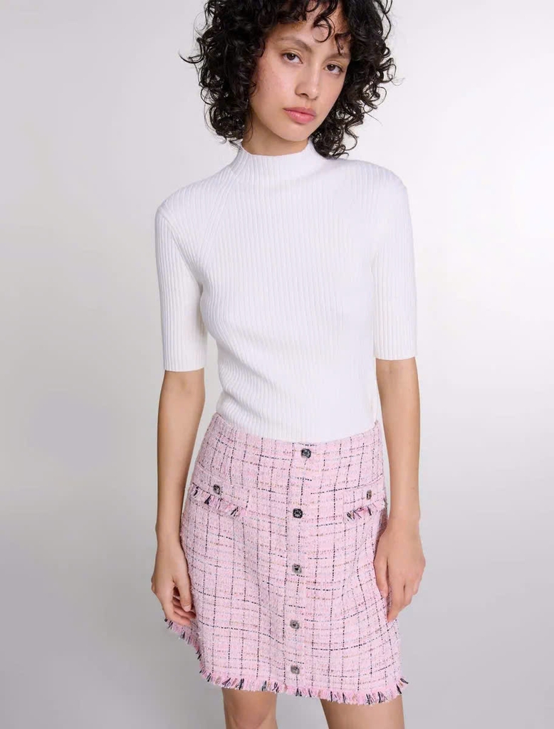 Chân váy ngắn tweed phối sợi nhũ viền tua rua