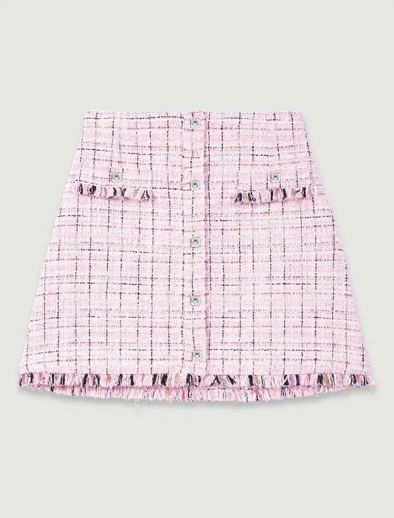 Chân váy ngắn tweed phối sợi nhũ viền tua rua