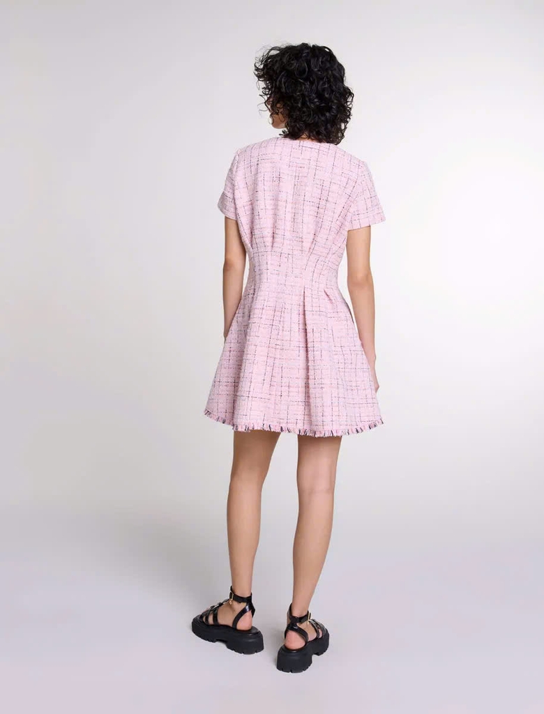 Đầm ngắn tweed ôm eo viền tua rua