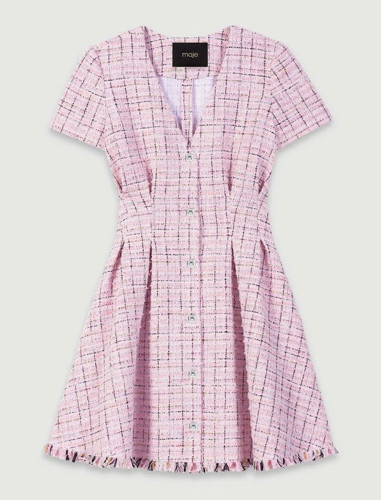 Đầm ngắn tweed ôm eo viền tua rua