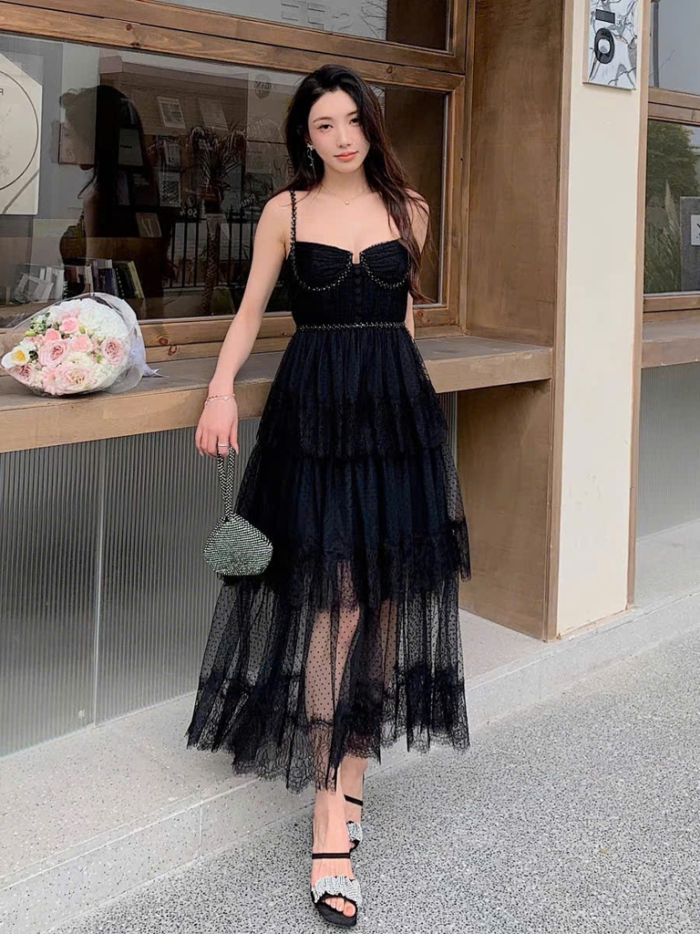 Váy Self- Portrait midi xếp tầng chấm bi lưới đen