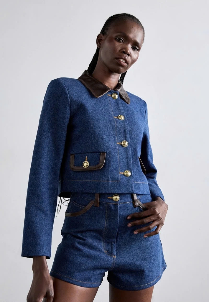 Áo khoác Sandro denim viền da nâu (tách set)