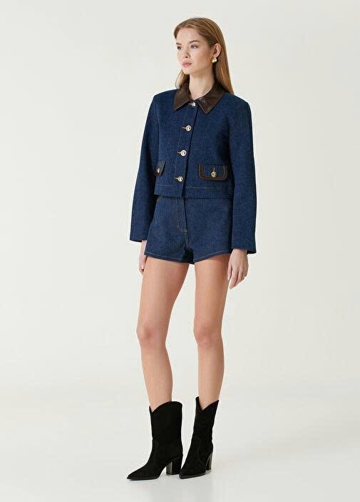Áo khoác Sandro denim viền da nâu (tách set)