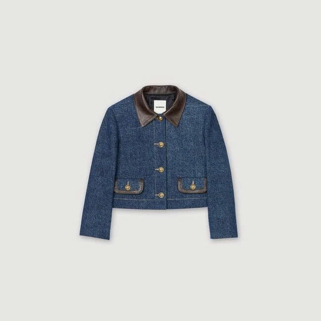 Áo khoác Sandro denim viền da nâu (tách set)