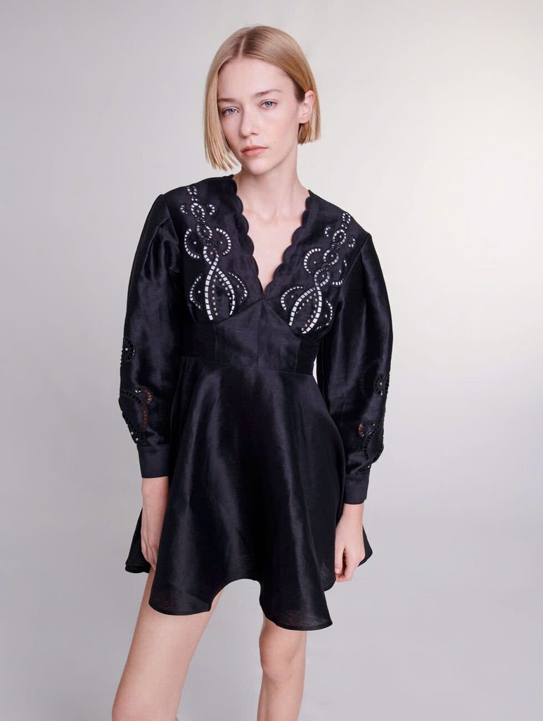 Váy Maje cổ V tay bồng thêu hạt