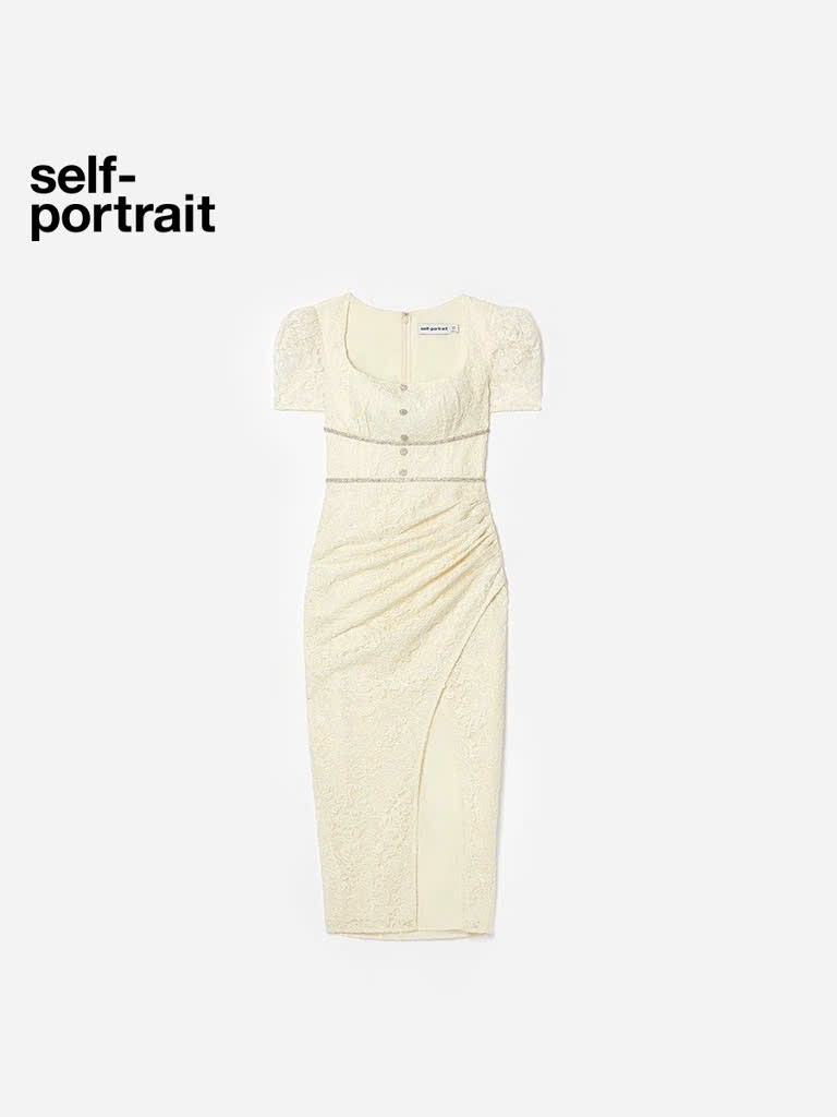 Váy Self- Portrait ren 3D trắng cổ vuông gắn đá
