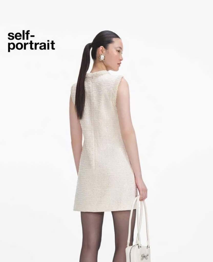 Váy dạ tweed Sel-Portrait trắng sequin viền ngọc trai
