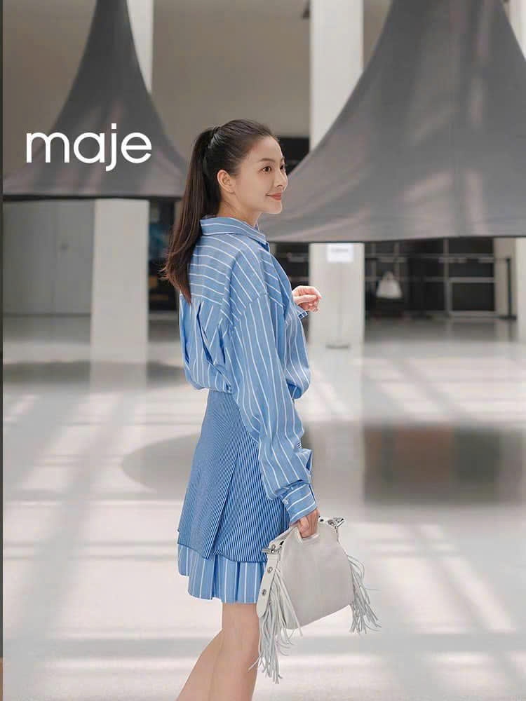 Váy sơ mi Maje kẻ xanh chân váy tà đắp