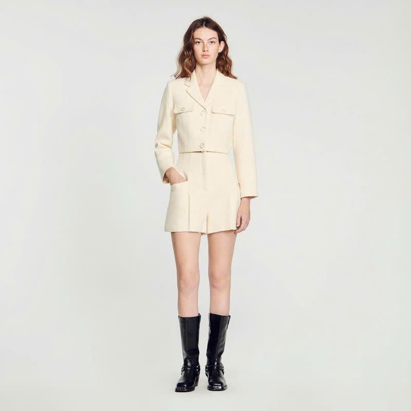 Set tweed Sandro trắng áo cổ bẻ + quần short