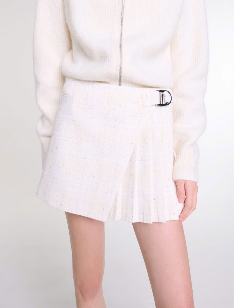 Chân váy Maje xếp ly lệch tweed trắng