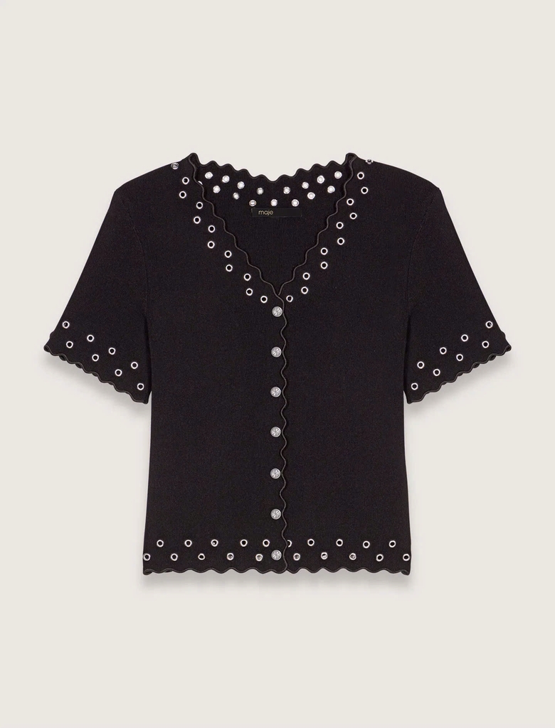 Áo cardigan dệt kim dáng ngắn đính khuy lỗ
