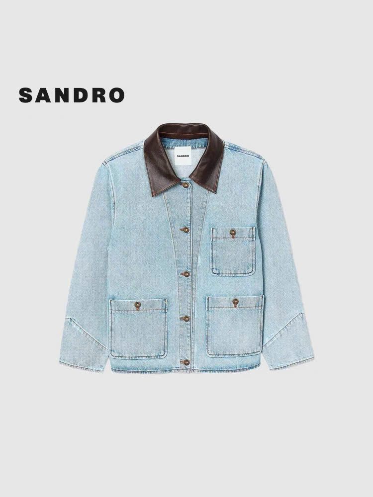 Jacket denim Sandro cổ da