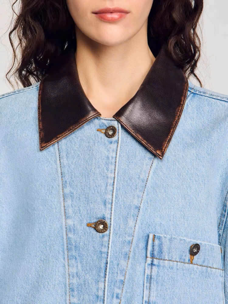 Jacket denim Sandro cổ da