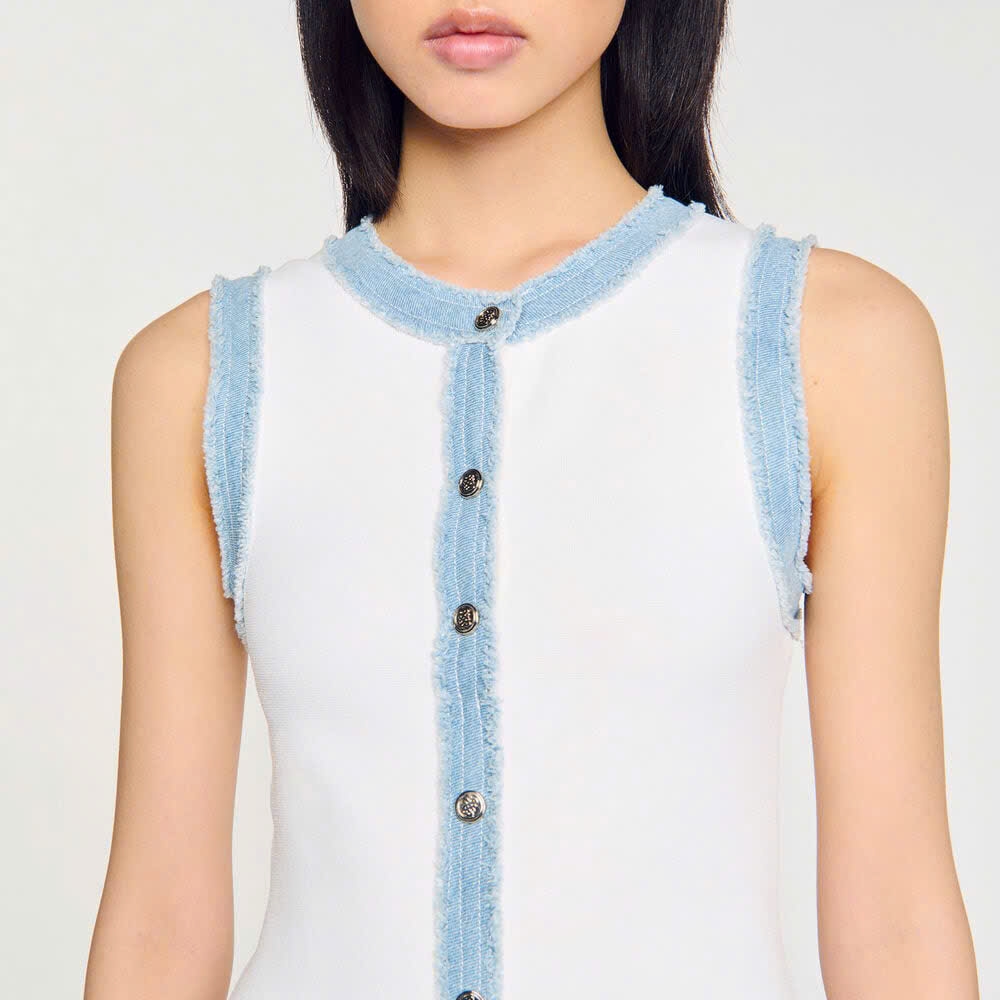 Váy Sandro trắng viền denim sát nách bèo chân