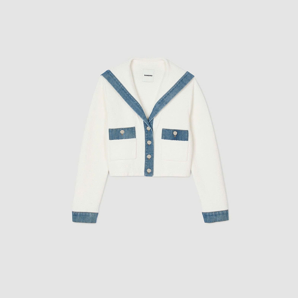 Áo cardigan với chi tiết denim