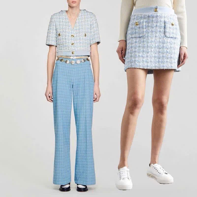 Set Sandro tweed xanh cải denim