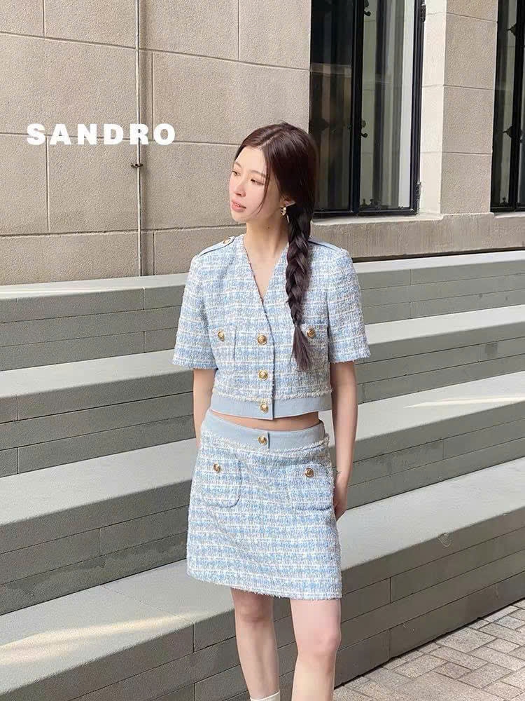 Set Sandro tweed xanh cải denim