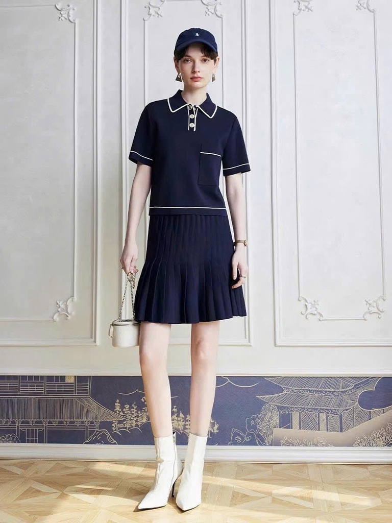 Set Sandro dệt kim áo cổ bẻ chân xếp ly navy