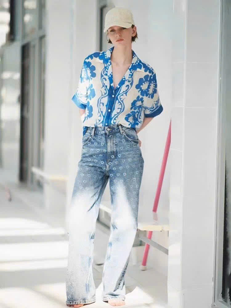 Set áo quần Sandro lụa họa tiết xanh (không tách)