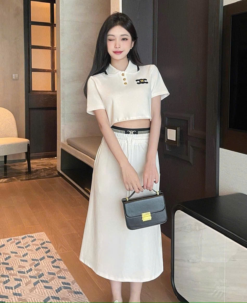 Set Celine cotton áo cổ bẻ chân váy