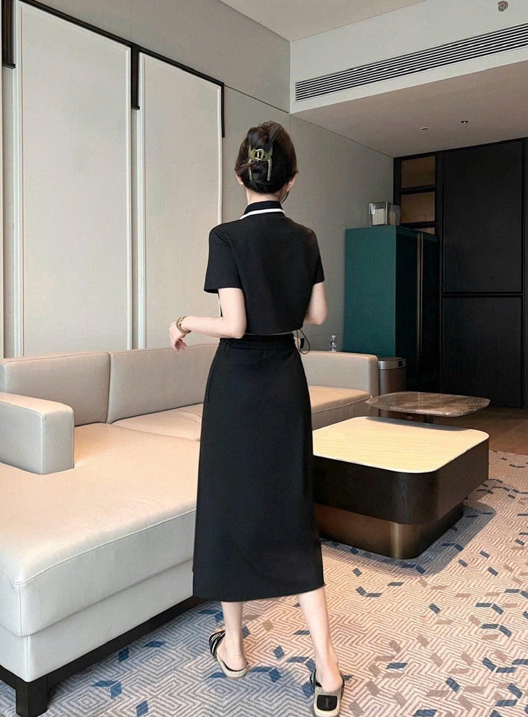 Set Celine cotton áo cổ bẻ chân váy