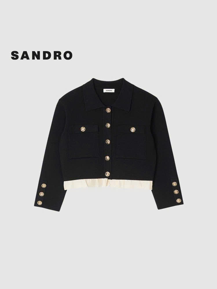 Áo Sandro dệt kim cổ bẻ đen