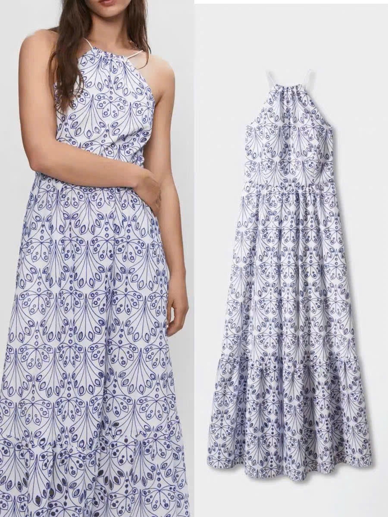 Váy maxi MNG thô đũi hoa nhí 2 quai mảnh