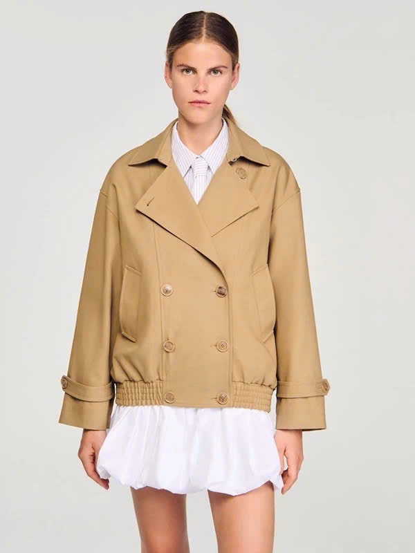 Jacket Sandro khaki cổ bẻ bo chun hông