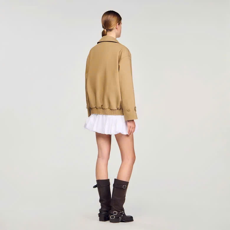 Jacket Sandro khaki cổ bẻ bo chun hông