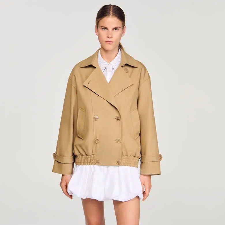Jacket Sandro khaki cổ bẻ bo chun hông