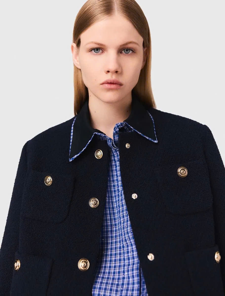 Áo khoác tweed ngắn Maje cổ bẻ khuy vàng