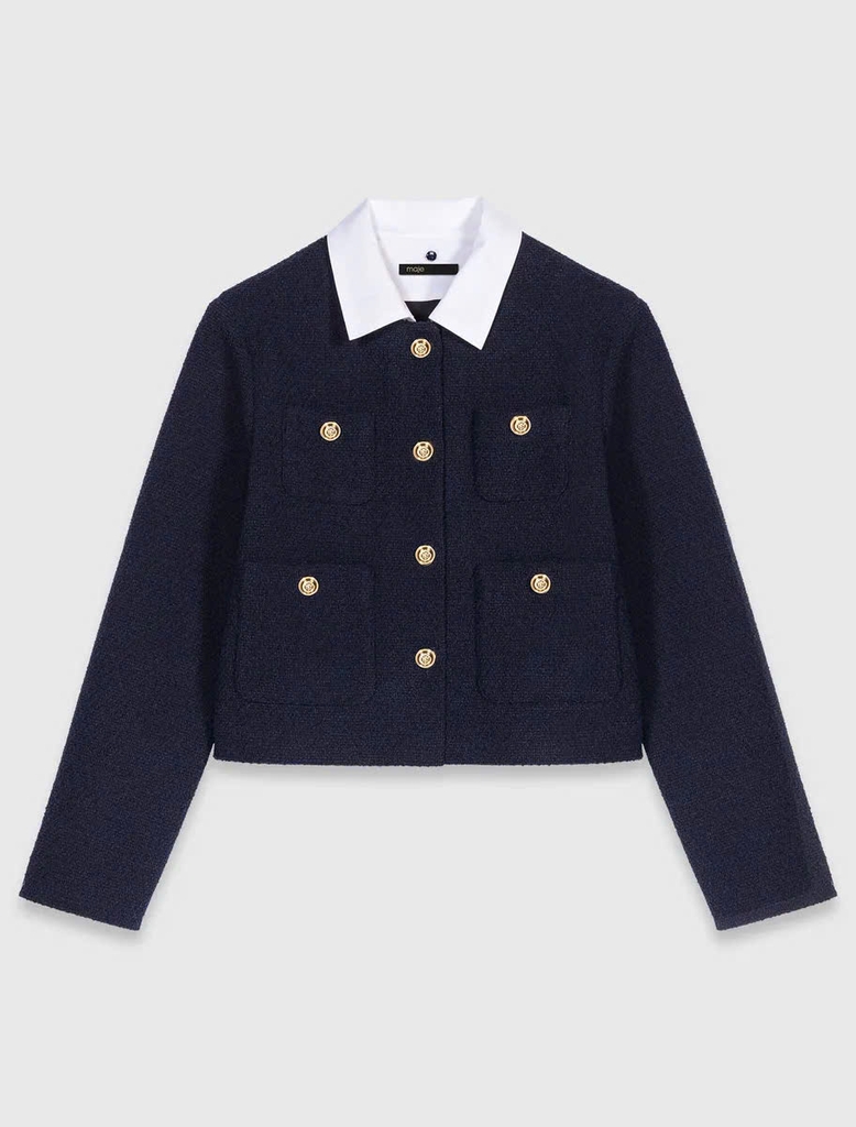 Áo khoác tweed ngắn Maje cổ bẻ khuy vàng