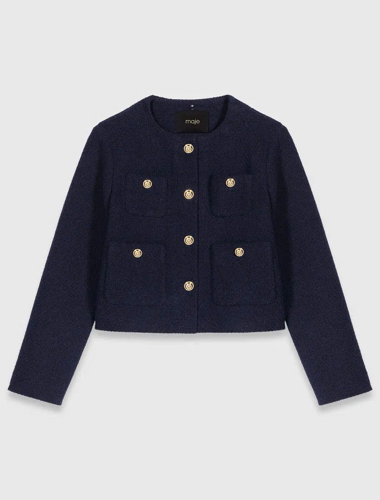 Áo khoác tweed ngắn Maje cổ bẻ khuy vàng