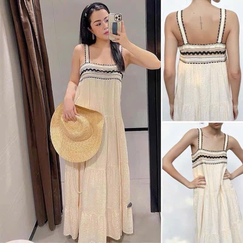 Váy 2 dây Zara màu kem viền thổ cẩm đen