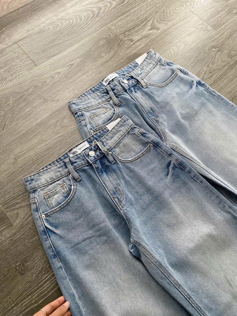 Quần jeans suông Zara suông màu nhạt mài trước