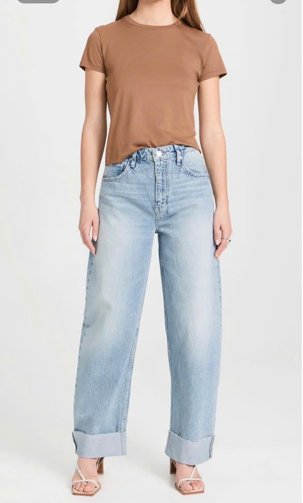 Quần denim Raph Lauren gập gấu dáng suông màu nhạt