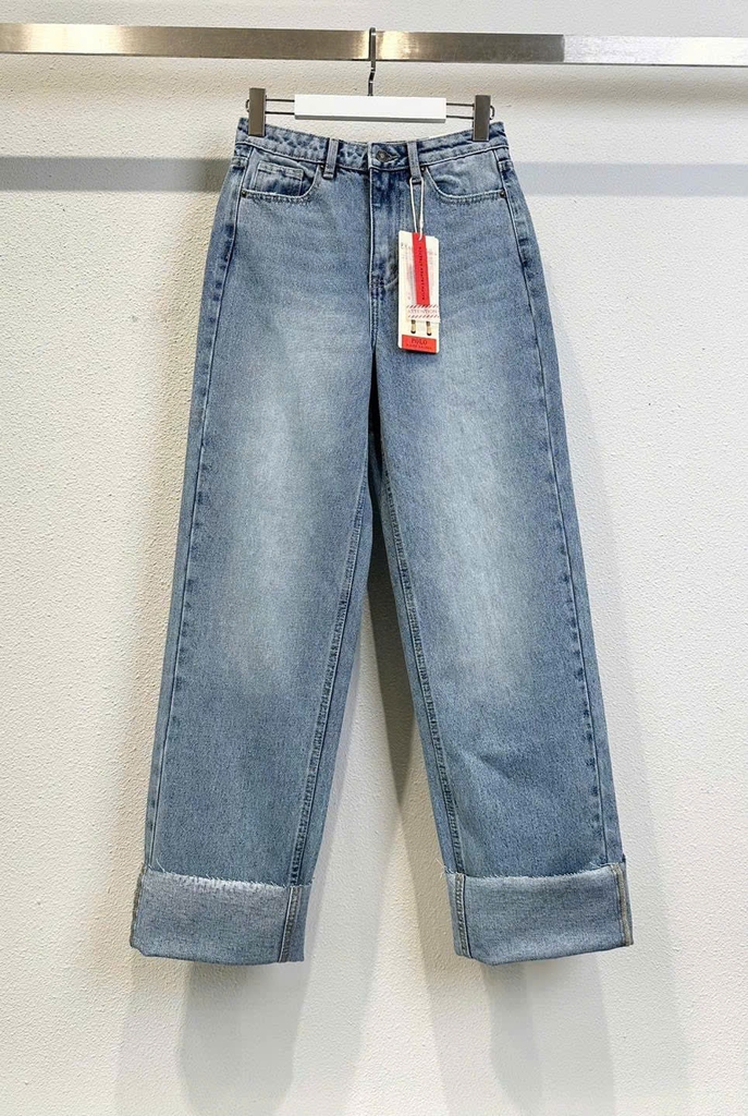 Quần denim Raph Lauren gập gấu dáng suông màu nhạt