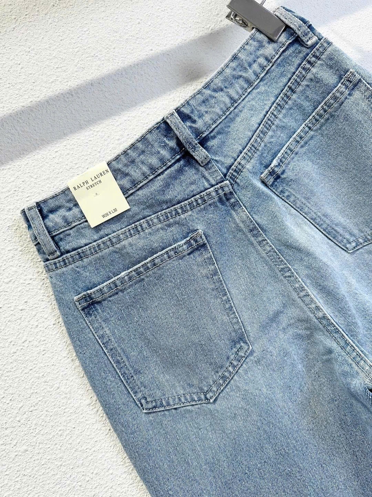 Quần denim Raph Lauren gập gấu dáng suông màu nhạt
