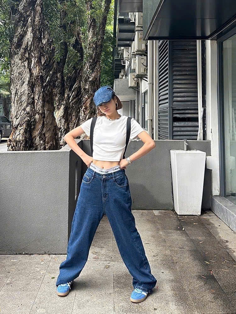 Quần denim CK cạp trắng dáng suông