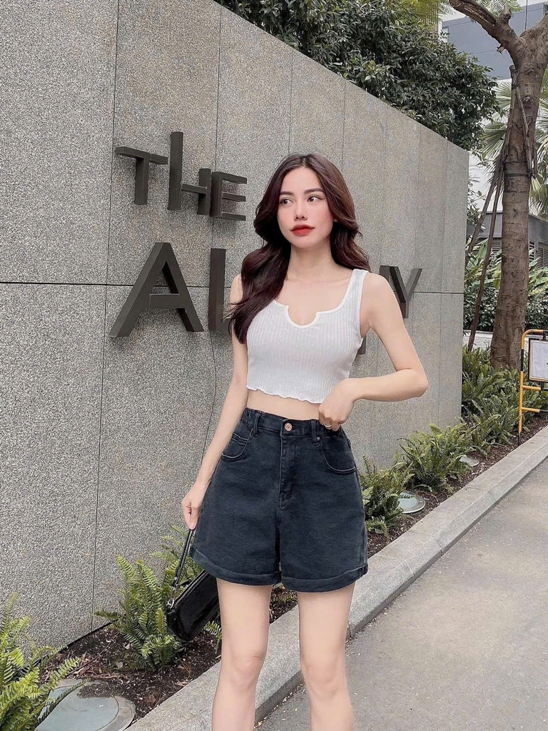 Short denim lửng Zara cắt gấu màu xám