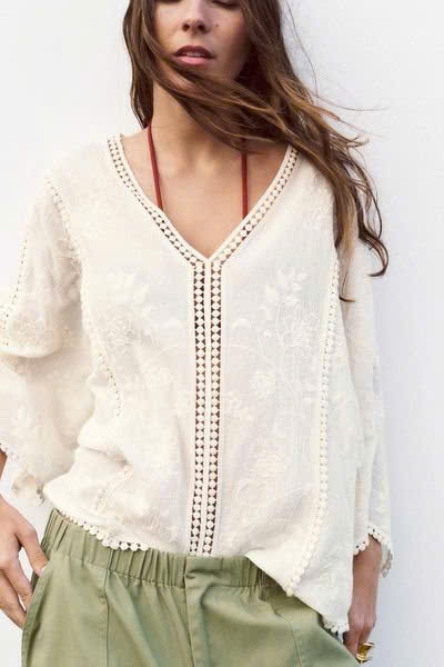 Áo sơ mi Zara cổ V cánh dơi chất thô đũi