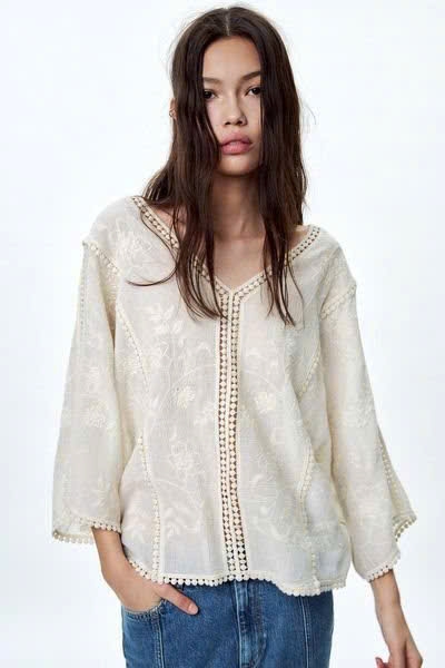 Áo sơ mi Zara cổ V cánh dơi chất thô đũi