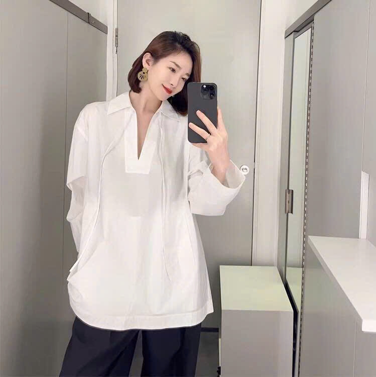 Sơ mi COS cổ V dây buộc nơ