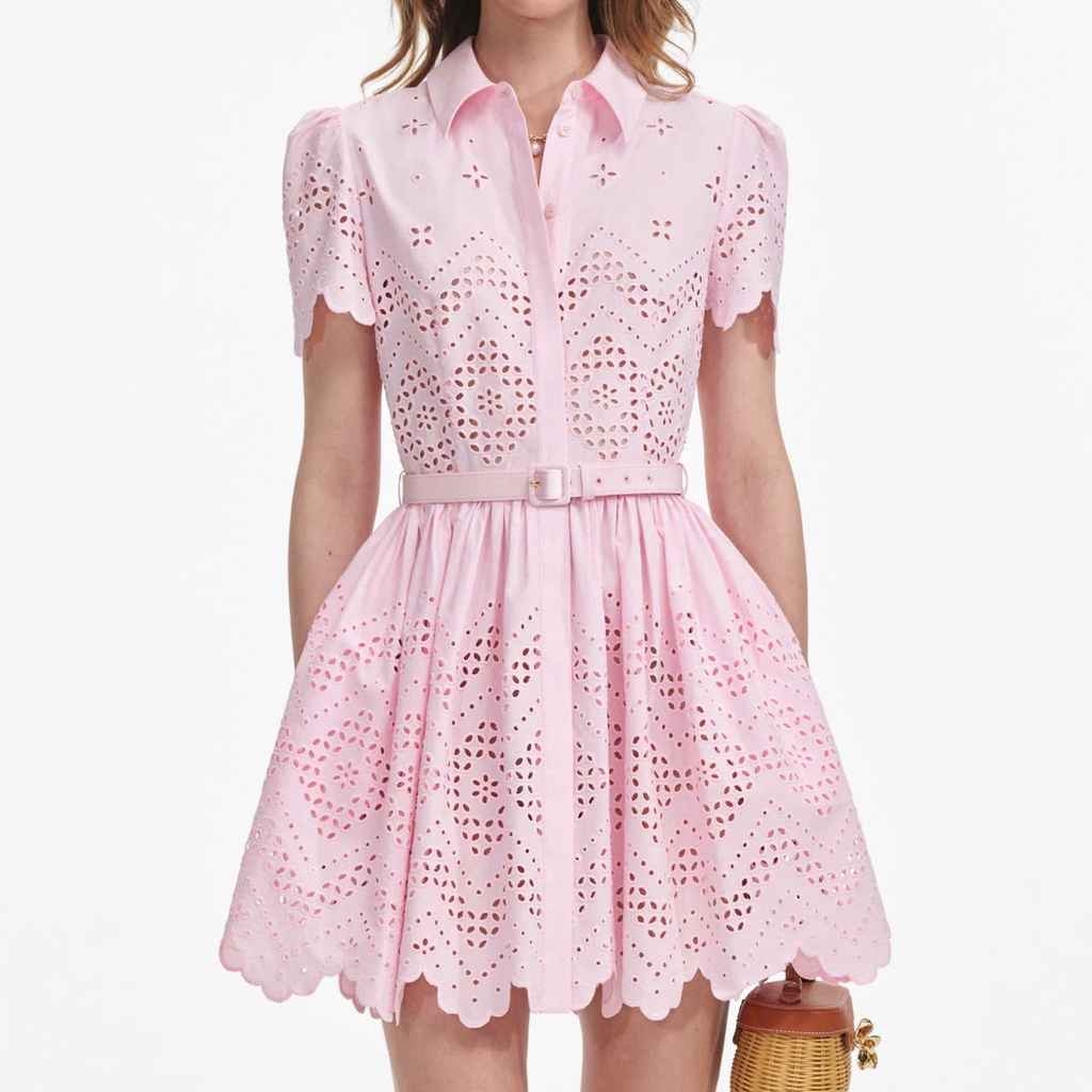Váy ngắn thêu cotton màu hồng