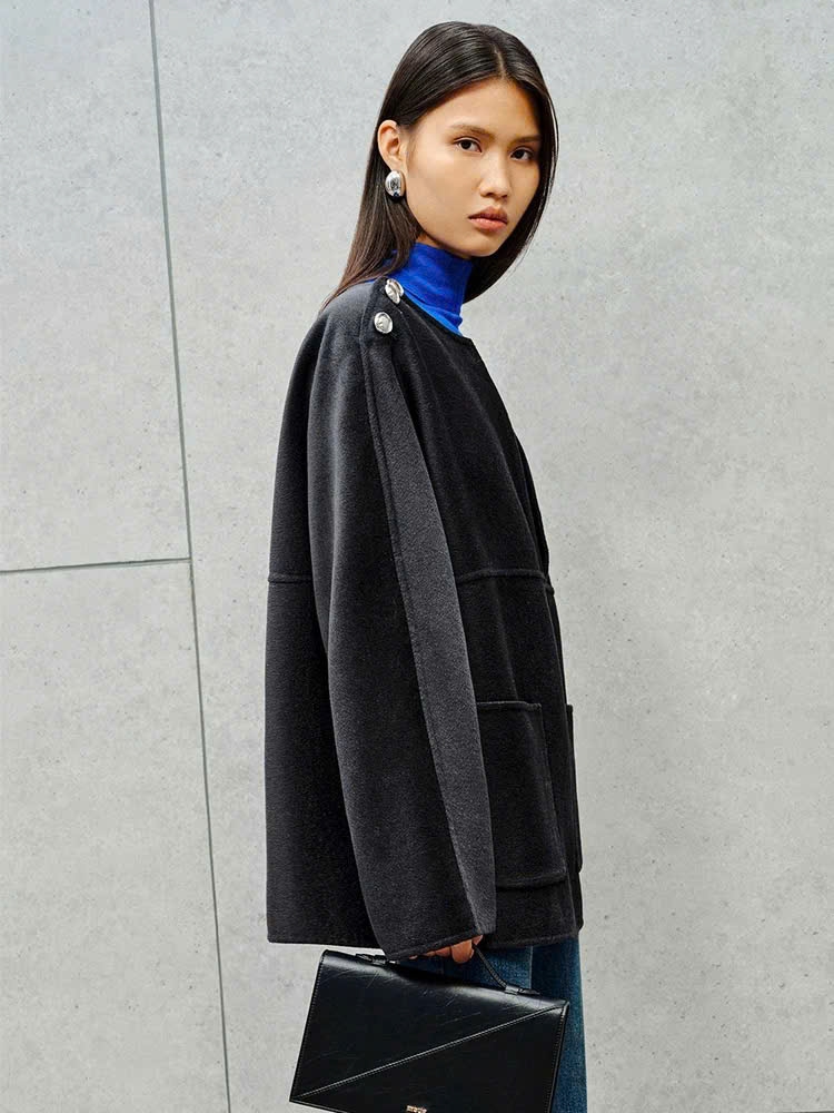 Coat dạ ép Massimo Dutti cổ V khuy vai
